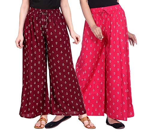 KBNBJ Women Low Rise Cotton Reyon Regular Fit Palazzo Pants (Pack of 2) (Free Size, Pink,Maroon) - Image 1