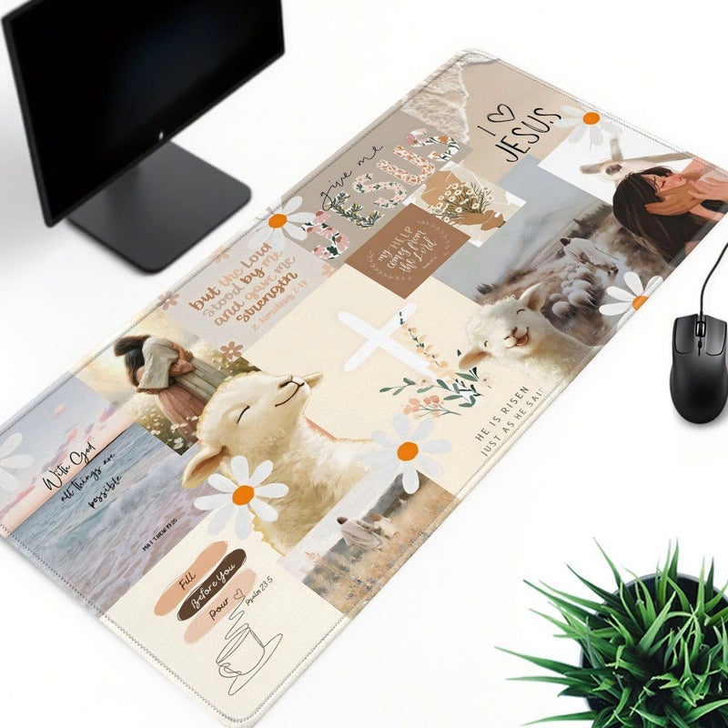 وسادة ماوس للألعاب كبيرة الحجم XL 30x80 سم مقاس 11.8 × 31.5 بوصة، ظهر مطاطي مانع للانزلاق، سطح من البوليستر، عبارات تحفيزية، منظر طبيعي ريفي، زهور الأقحوان، خروف، صليب، هدية عيد الفصح، لوازم مكتبية. - Image 5