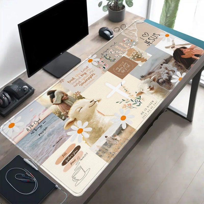 وسادة ماوس للألعاب كبيرة الحجم XL 30x80 سم مقاس 11.8 × 31.5 بوصة، ظهر مطاطي مانع للانزلاق، سطح من البوليستر، عبارات تحفيزية، منظر طبيعي ريفي، زهور الأقحوان، خروف، صليب، هدية عيد الفصح، لوازم مكتبية. - Image 4