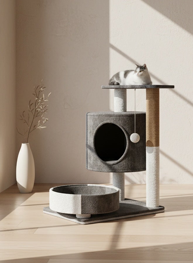 سانتين رايلي الأكثر مبيعاً: شجرة قطط 4 في 1 مع أرجوحة مريحة، ومنصة ناعمة، وأعمدة خدش من السيزال، وألعاب تفاعلية - شقة برج القطط الداخلية المثالية (رمادي داكن) - Image 1
