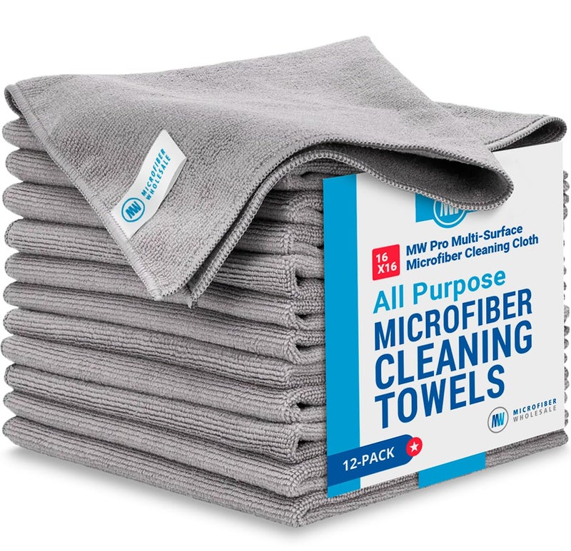 BUFF MW Pro Microfiber Cleaning Cloth  Gray  12 Pack  16 x 16  All Purpose Microfiber Towels  Clean Dust Polish Scrub Absorbent