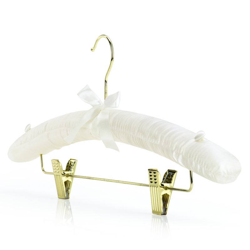HANGERWORLD Pack of 5 Ivory Satin Padded Hangers with Clips for Skirts, Pants & Sweaters with Non-Slip Buttons, Pretty Hanger for Women Clothing - 17 Inch - Image 1