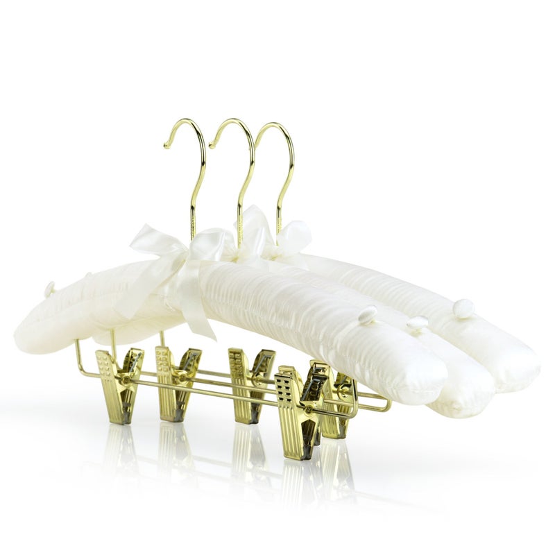 HANGERWORLD Pack of 5 Ivory Satin Padded Hangers with Clips for Skirts, Pants & Sweaters with Non-Slip Buttons, Pretty Hanger for Women Clothing - 17 Inch - Image 2