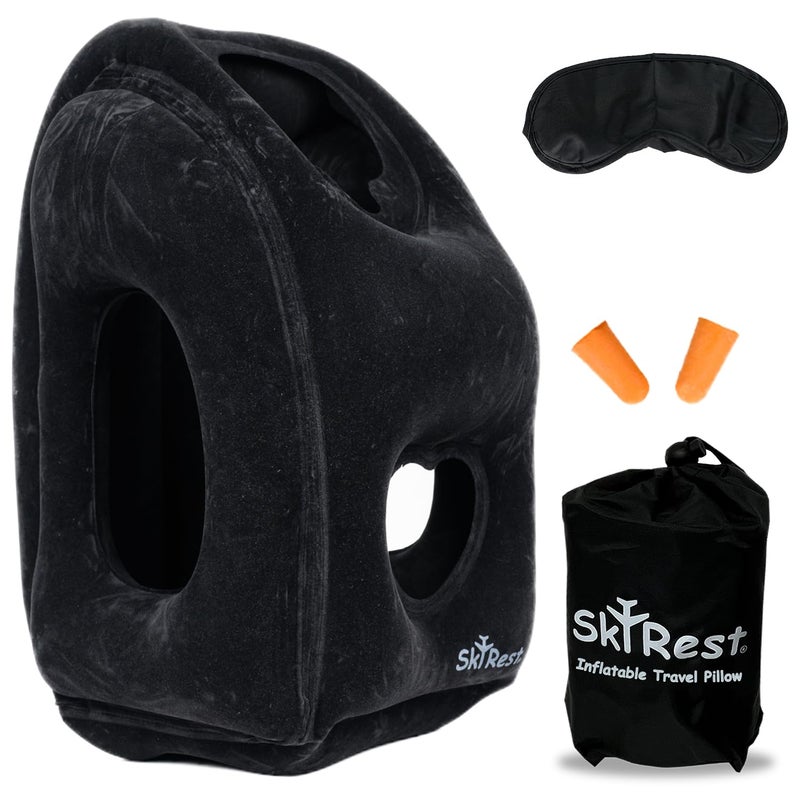 Skyrest Inflatable Travel Pillow  Airplane Pillow for Neck Support on Long Flights Buses Cars Office  Trains  Comes with Eye Mask Earplugs  Portable Drawstring Bag  Black