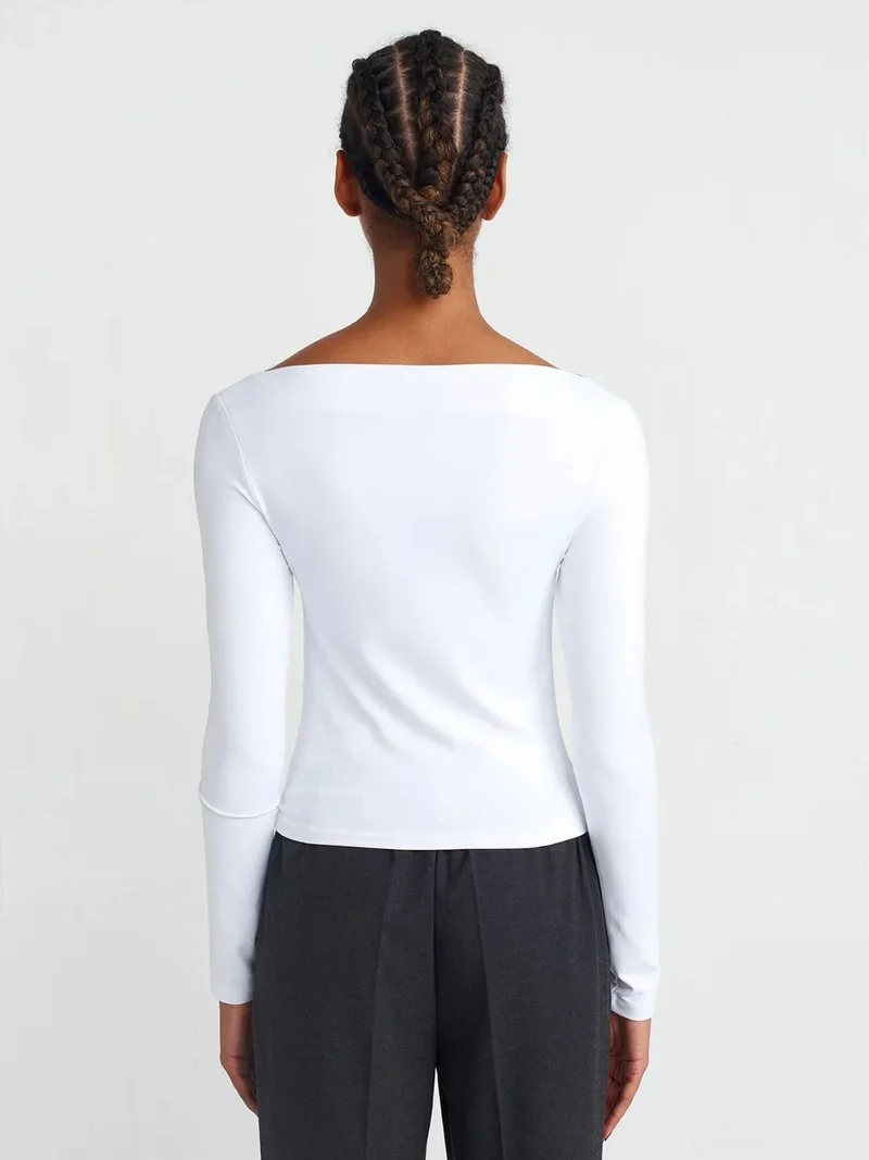 ديلفين Dilvin Slim Fit Boat Neck Long Sleeve Blouse