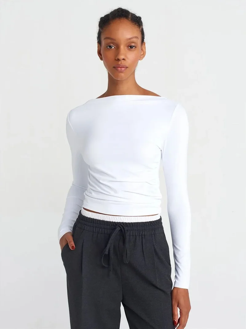 ديلفين Dilvin Slim Fit Boat Neck Long Sleeve Blouse
