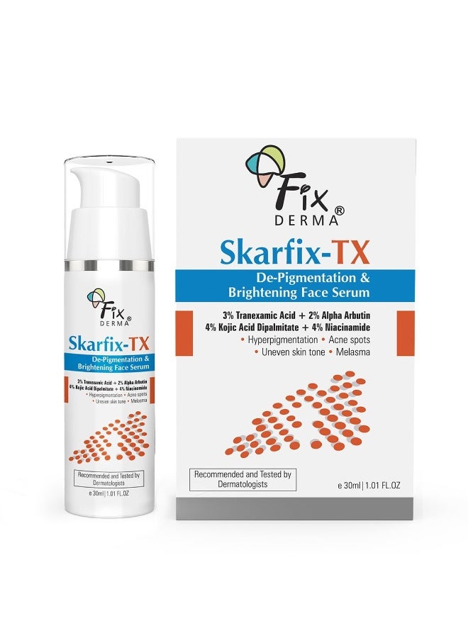 FIXDERMA فيكسدرما سكارفيكس - TX مع حمض الترانكساميك + 4% حمض كوجيك + 4% نياسيناميد و 2% ألفا أربوتين سيروم للوجه للبقع الناتجة عن حب الشباب، الكلف والتفتيح | سيروم للوجه للنساء والرجال - 30 مل - Image 1