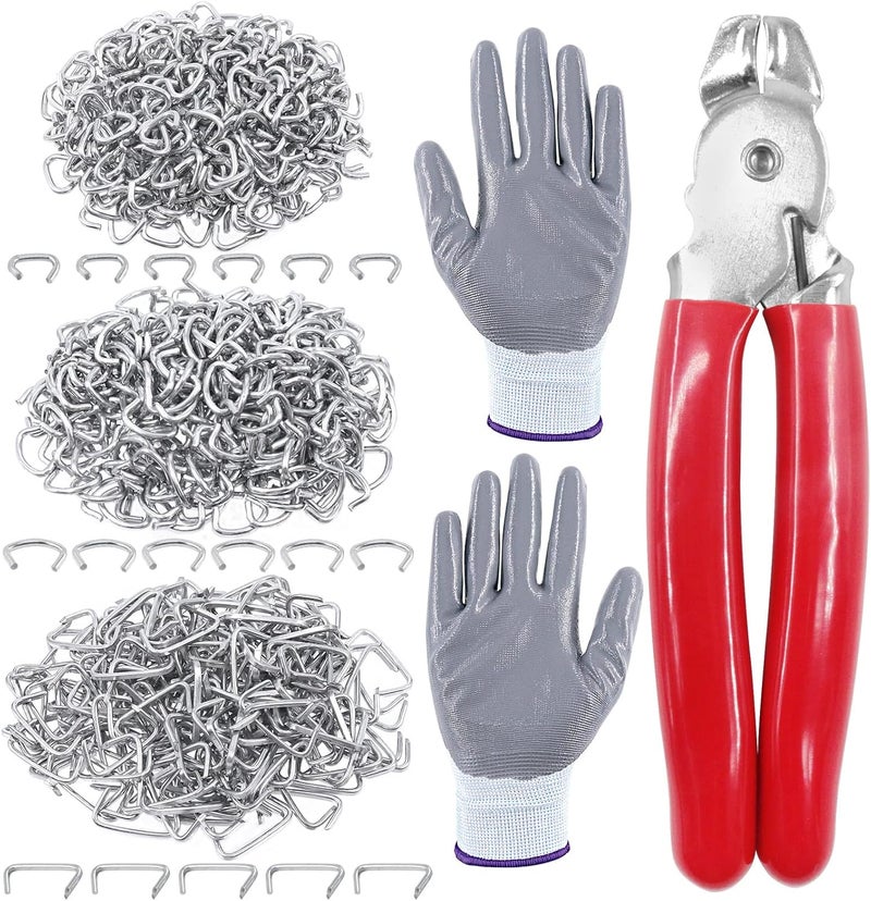 Glarks 902Pcs Hog Ring Pliers with Hog Rings Kit, 900Pcs 1/2'' 3/4'' 3/8'' Steel Hog Rings with Hog Ring Pliers and Anti-Cutting Gloves for Upholstery, Fencing, DIY Craft, Furniture and more - Image 1