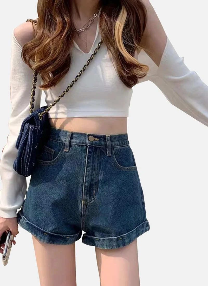 YUNIQEE Blue Slim Fit Solid Denim Shorts