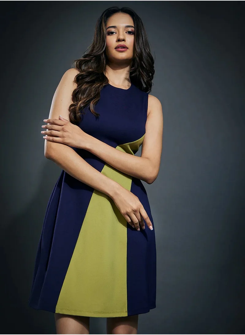 Zigzag Navy & Green Side Paneled Ponte Dress