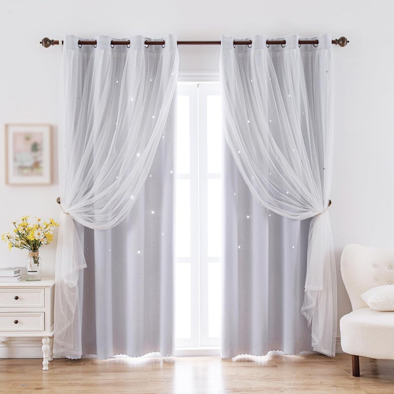 indistar Star Cutout Kids Window Blackout Curtains for Girl Bedroom Window Room Darkening Curtains & Drapes Baby Nursery Curtains (2 Panel,52Wx63L inch,Greyish White) - Image 1