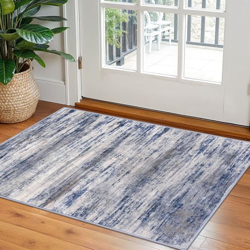 KOZYFLY Modern Abstract Rugs for Entryway 2x3 Washable Kitchen Rug NonSlip Soft Small Area Rug GreyBlue Striped Throw Rugs Faux Wool Doormat for Bedside Entrance Bathroom Sink - Image 1