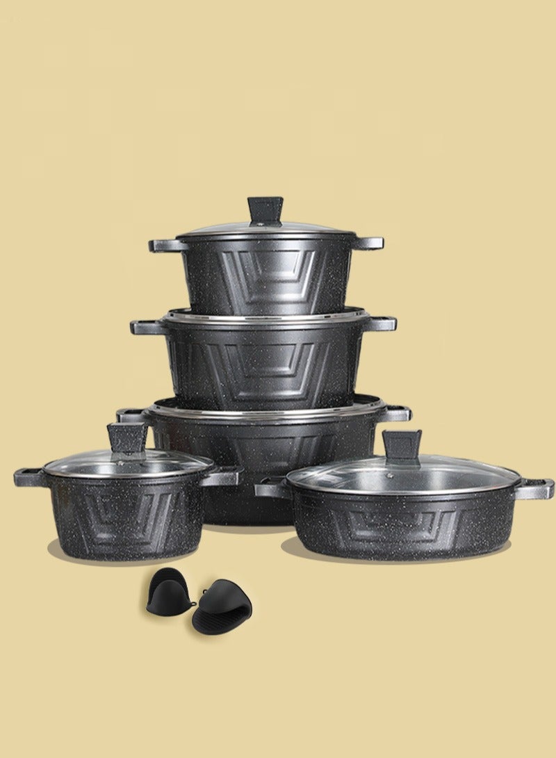 X spring 12-Piece Cookware Set - Aluminum Cookware - Non-Stick Surface - Tempered Glass Lid - PFOA-Free - Saucepan with Lid, Stockpot with Lid, Kitchen Utensil (Black) - Image 1