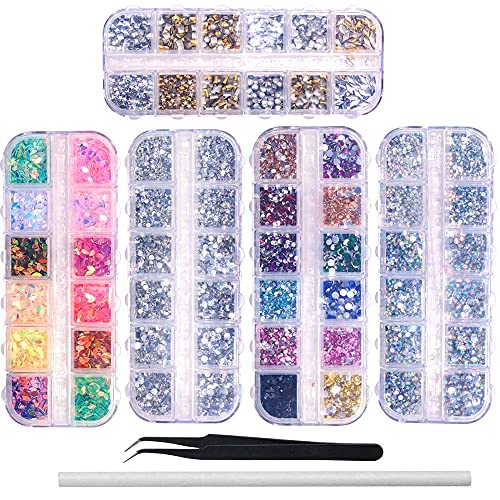 amokia 6400pcs Nail Art Rhinestones, Nail Crystal Gems Nail Diamonds, Gold Silver Nail Studs Colorful Nail Sequins & Rhinestones for Nails Kit with Tweezers and Wax Pen for Nail Art Supplies Accessories - Image 1