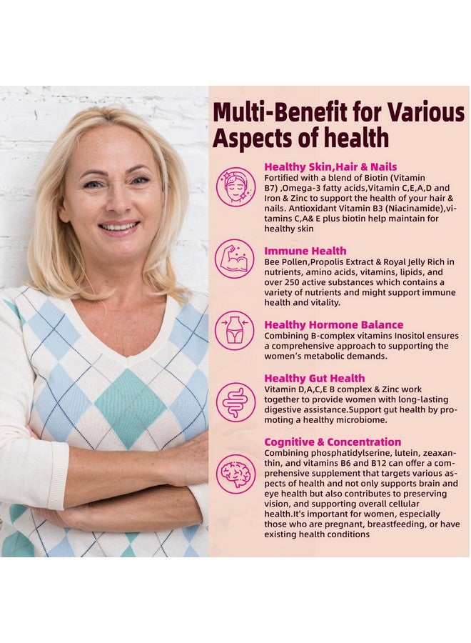 فيتامينات متعددة للنساء جوميز 40+ مع أوميغا-3، نياسيناميد، مركب ب، لوتين، حديد، كولين، فوسفاتيديل سيرين، فيتامين د3 للبشرة، الشعر، الطاقة، المناعة، العظام - نباتي، خالي من السكر، 120 حبة - Image 3