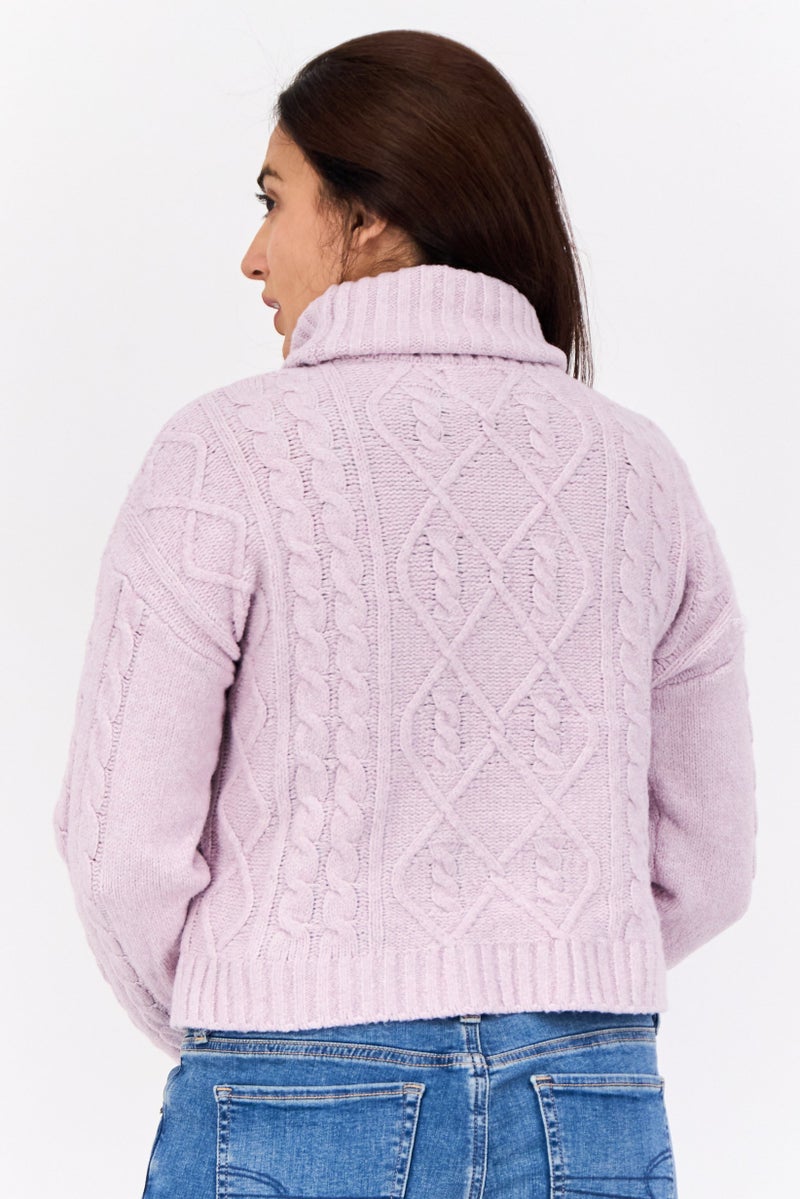 Pink Rose Women Turtle Neck Long Sleeves Textured Sweaters, Purple - Image 3