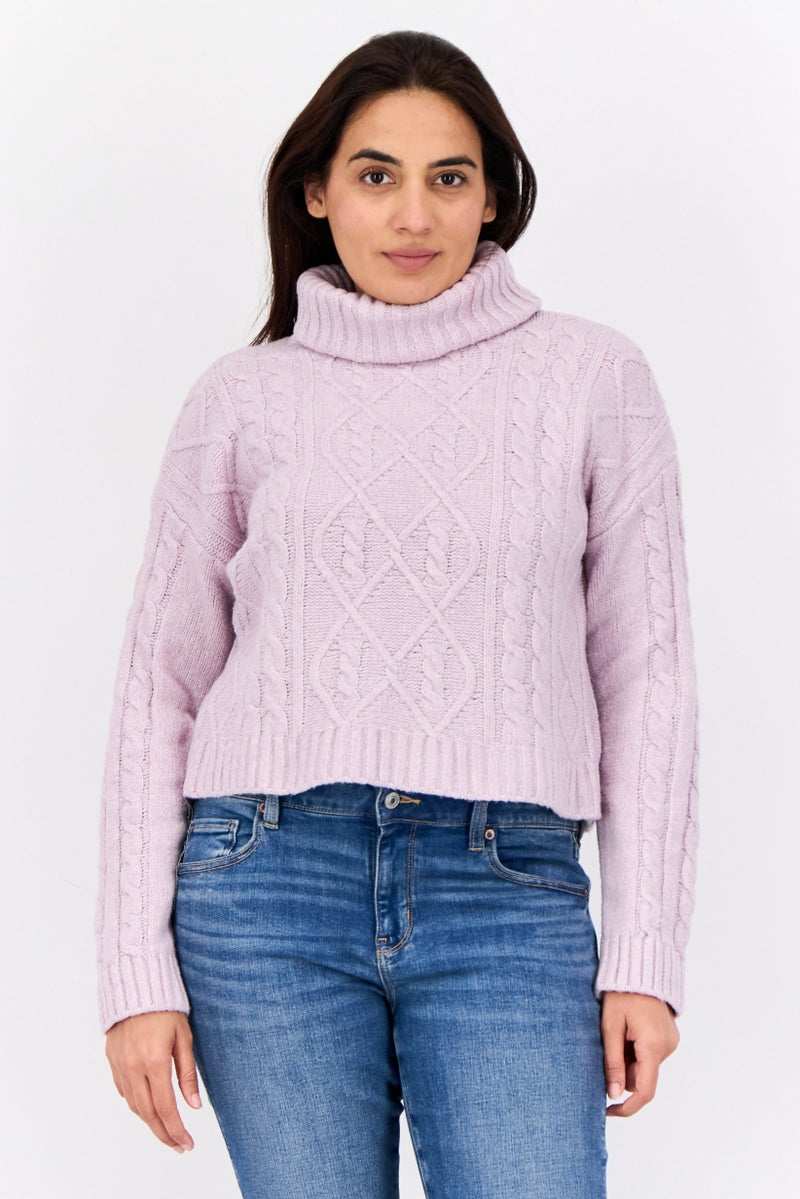 Pink Rose Women Turtle Neck Long Sleeves Textured Sweaters, Purple - Image 1