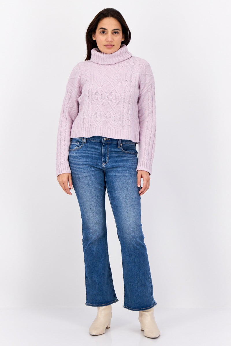 Pink Rose Women Turtle Neck Long Sleeves Textured Sweaters, Purple - Image 4