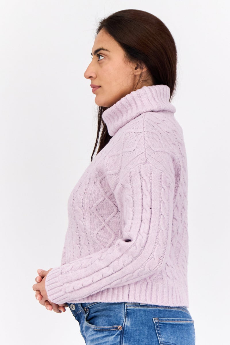 Pink Rose Women Turtle Neck Long Sleeves Textured Sweaters, Purple - Image 2