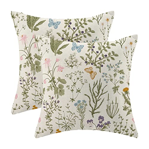 AEIOAE Spring Pillow Covers 18x18 Inch Set of 2,Sage Green Wild Flower Plant Throw Pillows Case,Seasonal Floral Outdoor Decorative Square Linen Farmhouse Decor Cushion Covers for Home Sofa Bed Couch - Image 1