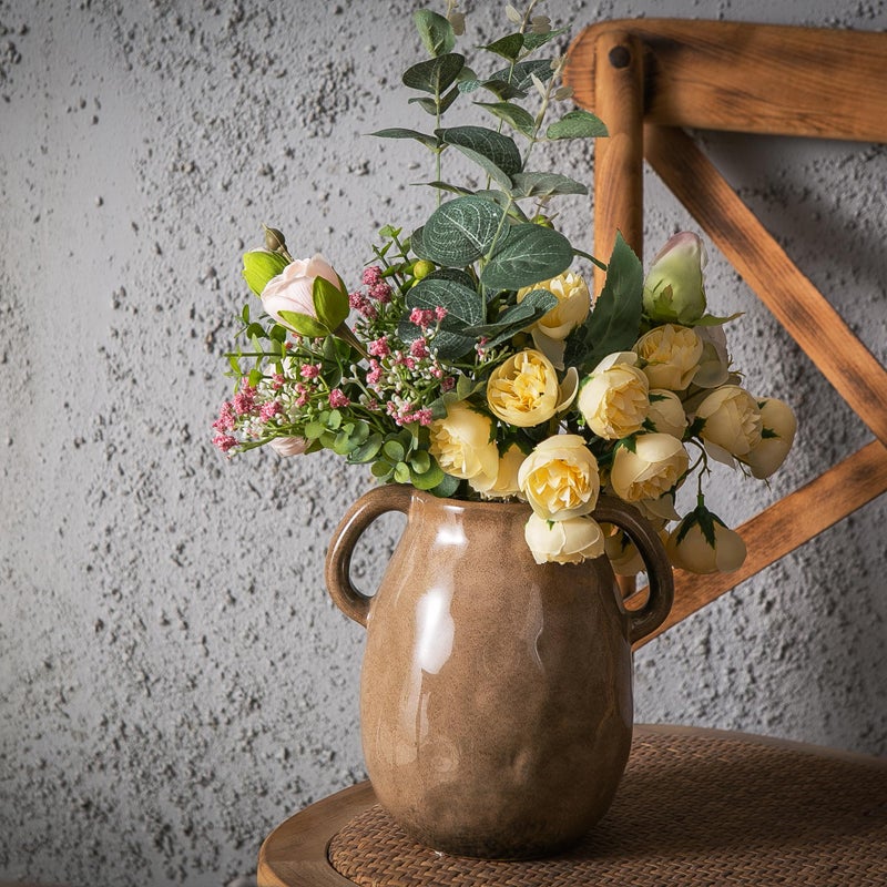 Kimdio Brown Ceramic Vase with 2 Handles  Modern Farmhouse Vase for Home Decor  Vintage Rustic Pottery Vase  Decorative Terracotta Vase  Clay Jug for Living Room Dining Table Shelf - Image 5