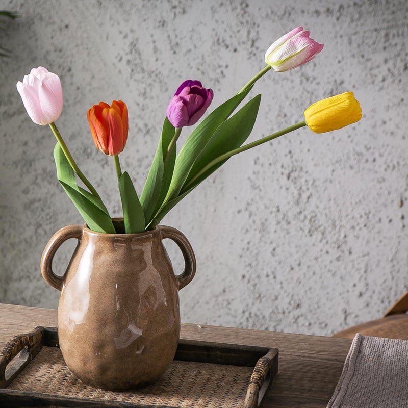 Kimdio Brown Ceramic Vase with 2 Handles  Modern Farmhouse Vase for Home Decor  Vintage Rustic Pottery Vase  Decorative Terracotta Vase  Clay Jug for Living Room Dining Table Shelf - Image 4