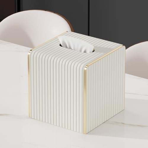 LADSTAG Tissue Box Cover,White Square Leather Tissue Box Holders with Gold-Tone Edging Decoration, Tissue Vessel for Bathroom Toilet Bedroom Living Room Table Desk Office,Modern Home Decor - Image 4