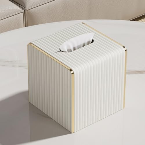 LADSTAG Tissue Box Cover,White Square Leather Tissue Box Holders with Gold-Tone Edging Decoration, Tissue Vessel for Bathroom Toilet Bedroom Living Room Table Desk Office,Modern Home Decor - Image 2