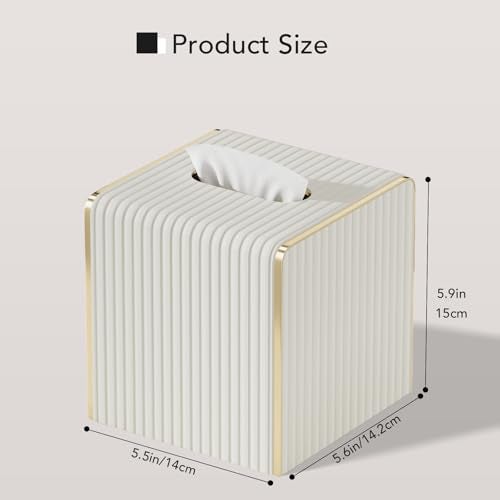 LADSTAG Tissue Box Cover,White Square Leather Tissue Box Holders with Gold-Tone Edging Decoration, Tissue Vessel for Bathroom Toilet Bedroom Living Room Table Desk Office,Modern Home Decor - Image 3