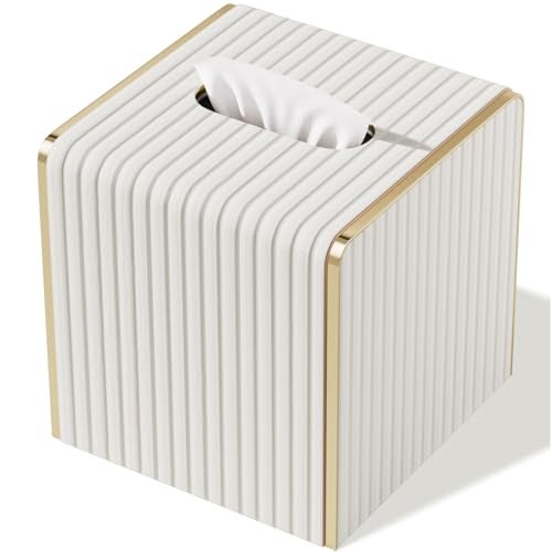 LADSTAG Tissue Box Cover,White Square Leather Tissue Box Holders with Gold-Tone Edging Decoration, Tissue Vessel for Bathroom Toilet Bedroom Living Room Table Desk Office,Modern Home Decor - Image 1