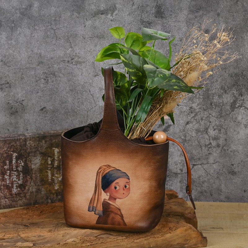 Túi Xô Retro Printed Hand-Rubbed Flower Blue Bag Bucket Bag - Image 2