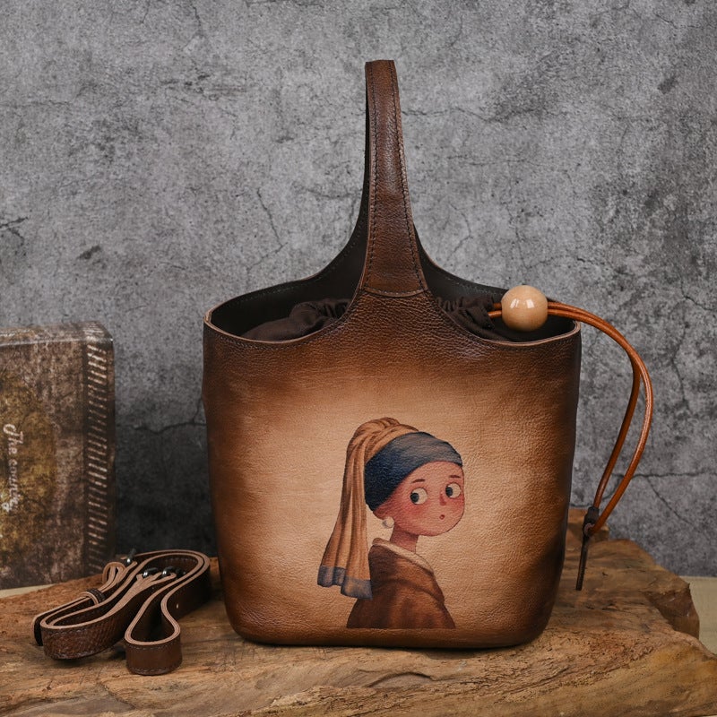 Túi Xô Retro Printed Hand-Rubbed Flower Blue Bag Bucket Bag - Image 1