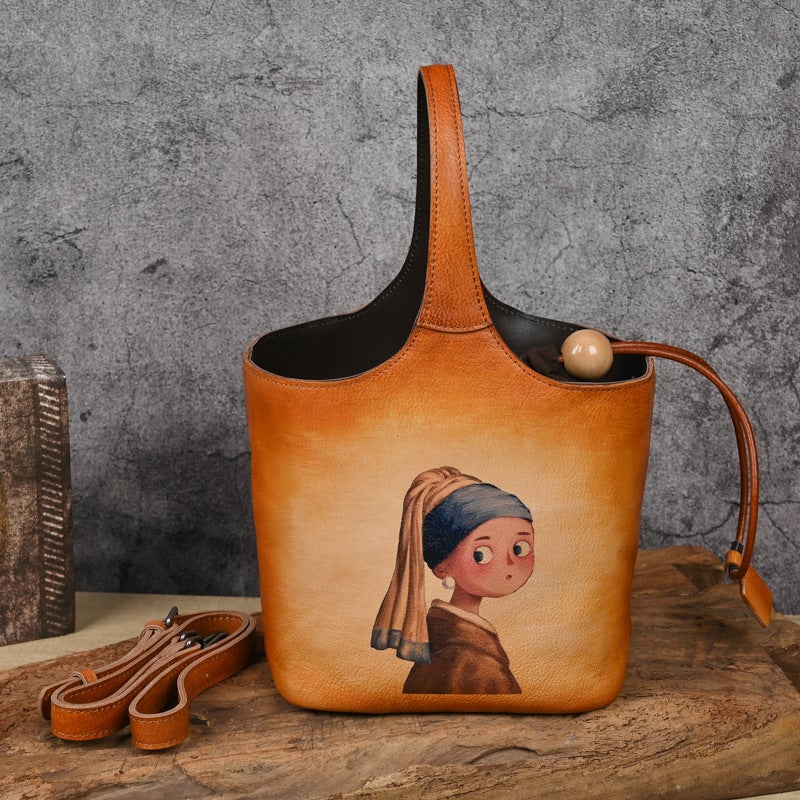 Túi Xô Retro Printed Hand-Rubbed Flower Blue Bag Bucket Bag - Image 4