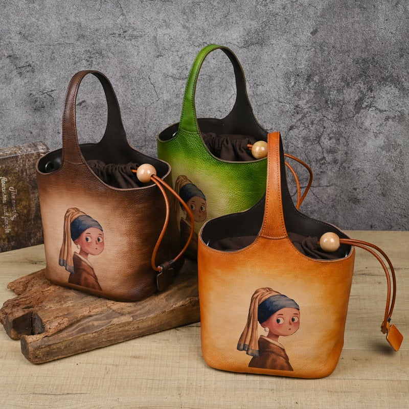Túi Xô Retro Printed Hand-Rubbed Flower Blue Bag Bucket Bag - Image 3