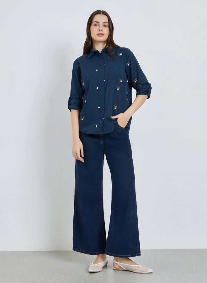 Styli Women Navy Blue Floral Embroidered Shirt