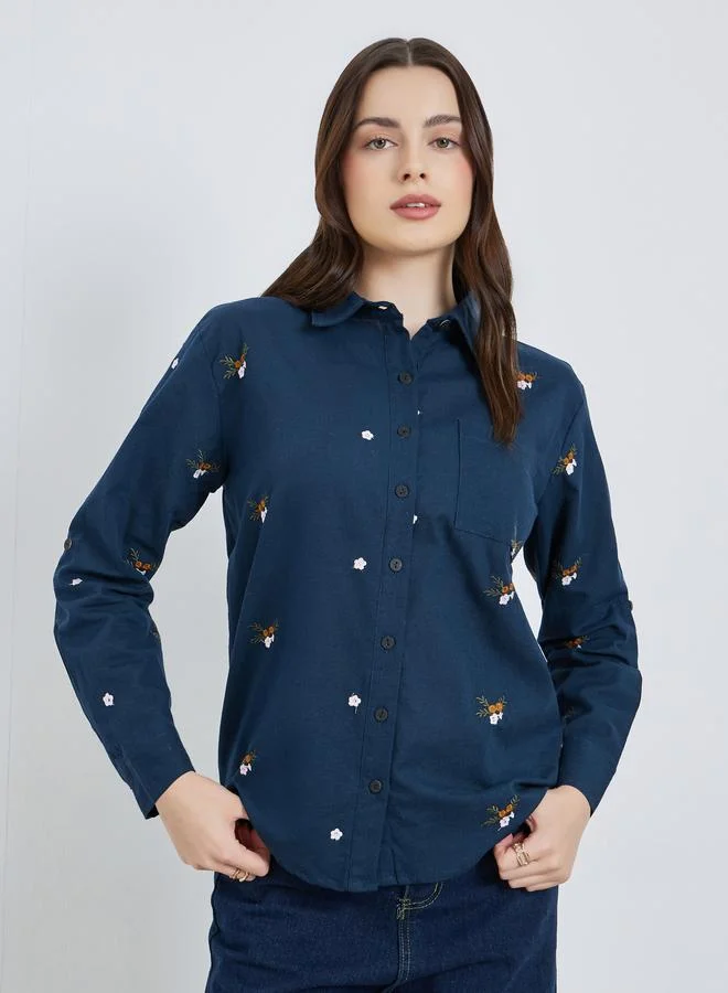 Styli Women Navy Blue Floral Embroidered Shirt