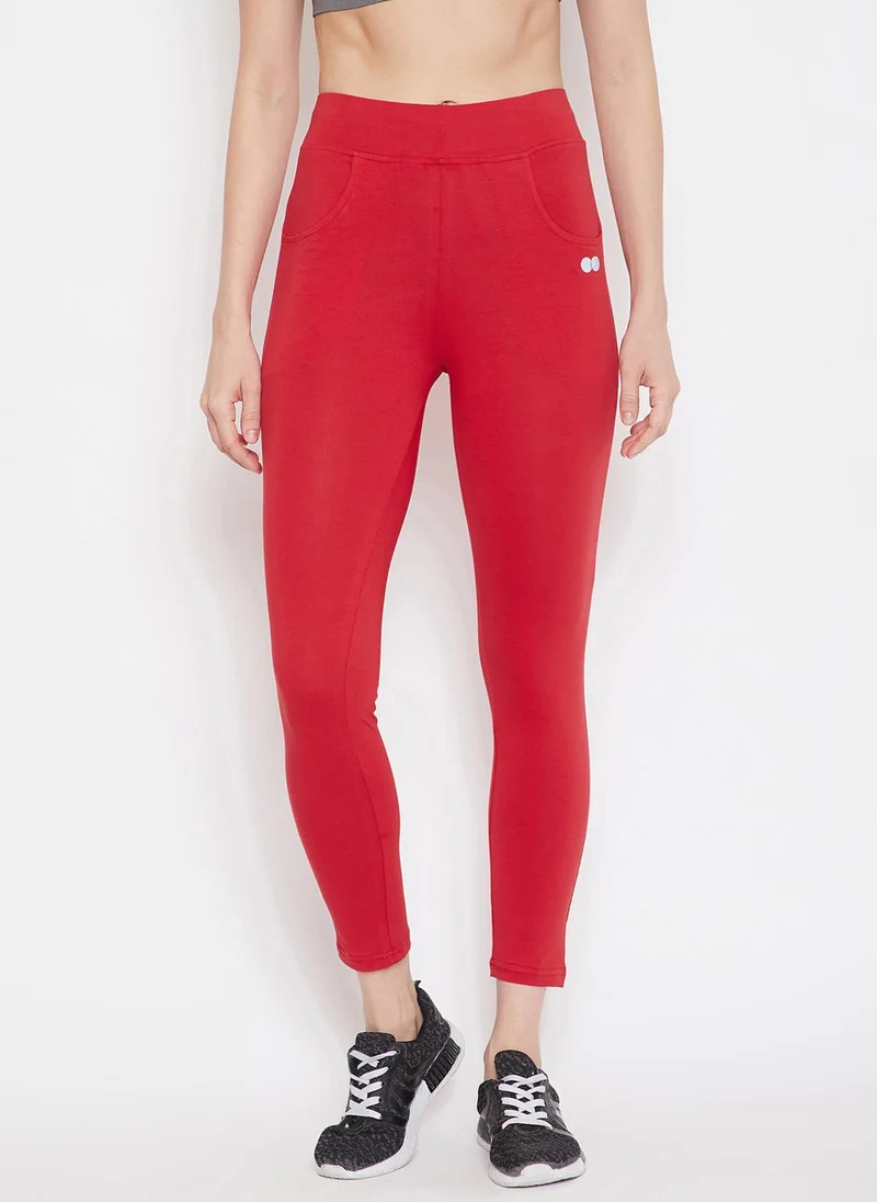 كلوفيا Clovia Snug Fit High Rise Active Tights in Red with Side Pockets