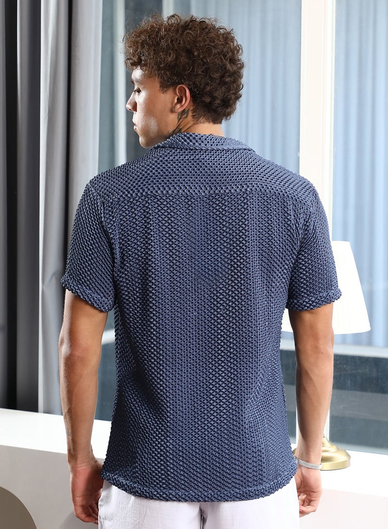 Campus Sutra Men's Lapis Blue Puffy-Textured Shirt For Casual Wear | Cuban Collar | Short Sleeve | Button Closure | Shirt Crafted With Comfort Fit For Everyday Wear - Image 5