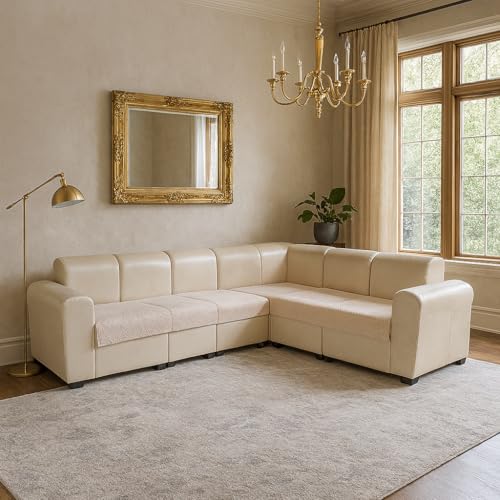 KINGLY Velvet Quilted L-Shape 7 Seater (4+3) Universal Sofa Protector – Premium Non-Slip Fit, Washable Couch Mat for L-Shaped Sofa Set in Living Room (Beige Light Cream, 2pc Set – 23x27 & 90x27) - Image 1
