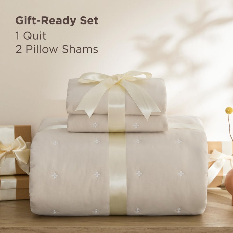 Bedsure 100% Cotton Quilt Set - Queen Size Bedspread, Lightweight Soft Bed Coverlet, 3-Piece Cozy Stitching Comforter with 2 Pillow Shams in Embroidery Clover Pattern, 90x96 inches, Beige - Image 5