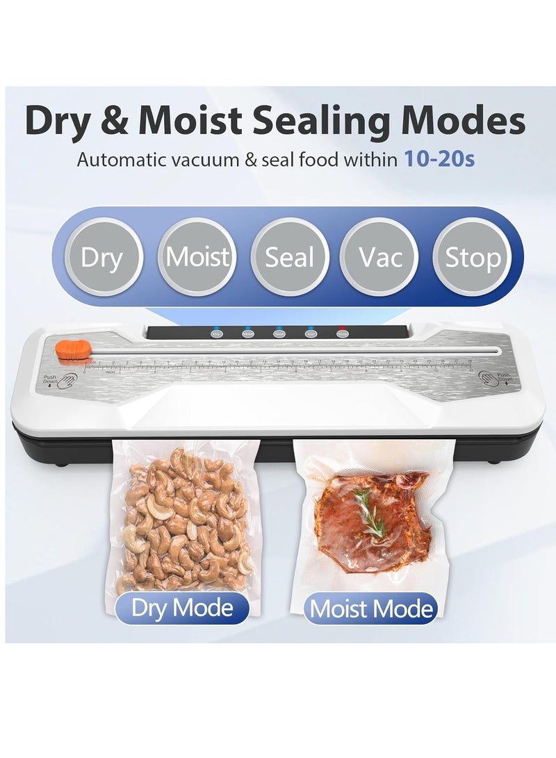 Excefore Automatic Food Vacuum Sealer, Vacuum Sealer Machine 5 Modes with 5 Sealer Bags and Built-in Cutter, Compact One-Touch Food Sealer Vac Pack Machine for Sous Vide & Dry Moist Foods, White - Image 3