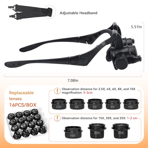 mlogiroa Head Mount Magnifying Glass with LED Light, Jewelers Loupe Magnifier with 8 Interchangeable Lens 2.5X/4X/6X/8X/10X/15X/ 20X/25X for Close Work/Electronics/Eyelash/Crafts/Jewelry/Repair - Image 2