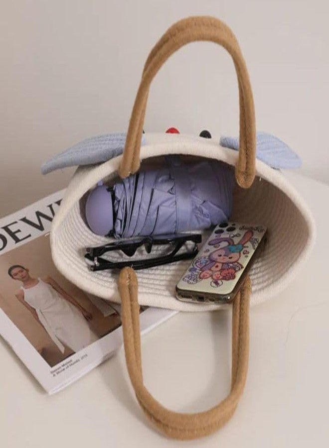 Rosslyn Jute Cotton Cute Bucket Bag Casual Woven Beach Women Handbag for Vacation - White Blue - Image 3