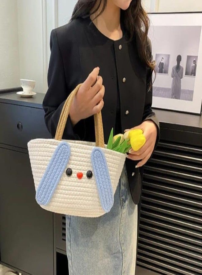 Rosslyn Jute Cotton Cute Bucket Bag Casual Woven Beach Women Handbag for Vacation - White Blue - Image 2