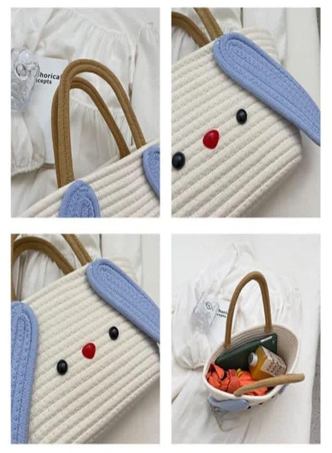 Rosslyn Jute Cotton Cute Bucket Bag Casual Woven Beach Women Handbag for Vacation - White Blue - Image 4