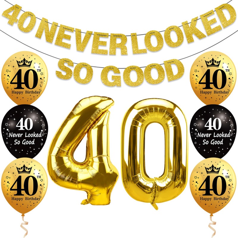 Uiorgui 40th Birthday Decorations for Men Women, Black Gold 40 Never Looked So Good Banner 40 Foil Balloons Happy 40th Birthday Party Supplies 9 PCS - Image 1