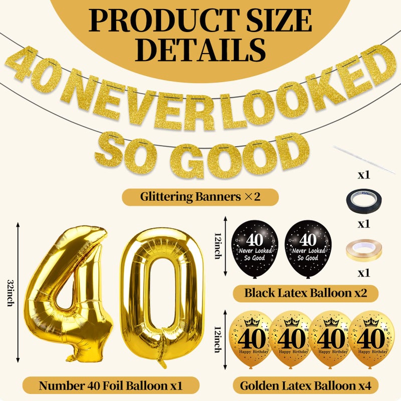 Uiorgui 40th Birthday Decorations for Men Women, Black Gold 40 Never Looked So Good Banner 40 Foil Balloons Happy 40th Birthday Party Supplies 9 PCS - Image 2