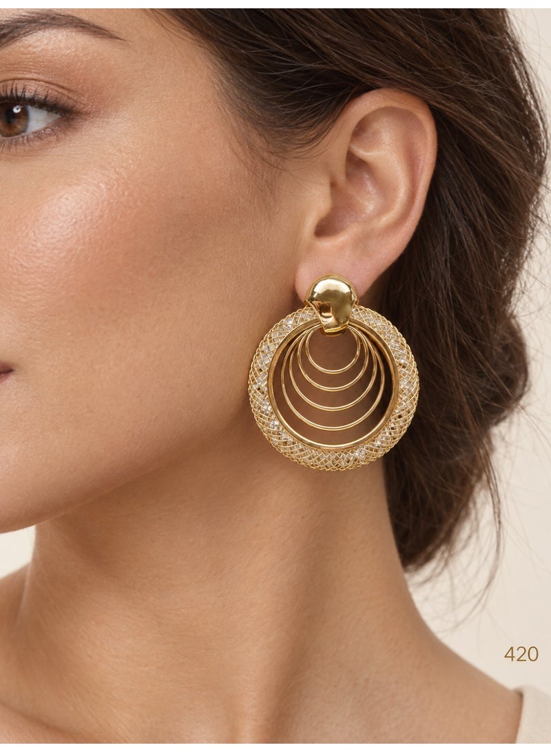3Diamonds Dangle Earrings with Layered Circles, Gold Plated, Textured Edge - Image 2