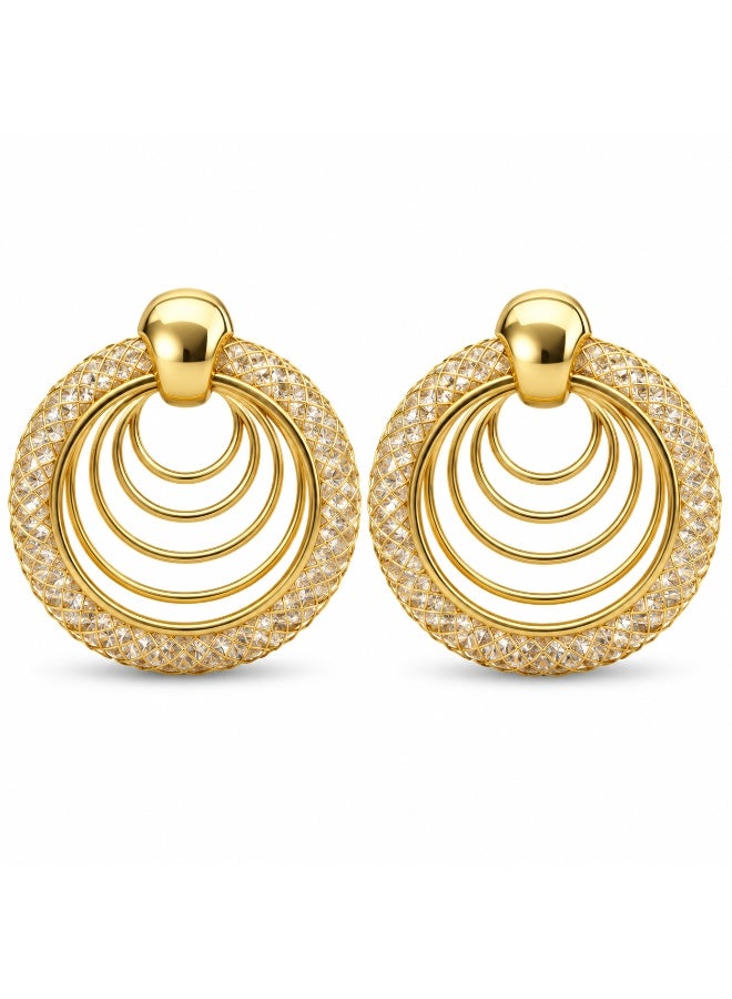 3Diamonds Dangle Earrings with Layered Circles, Gold Plated, Textured Edge - Image 1