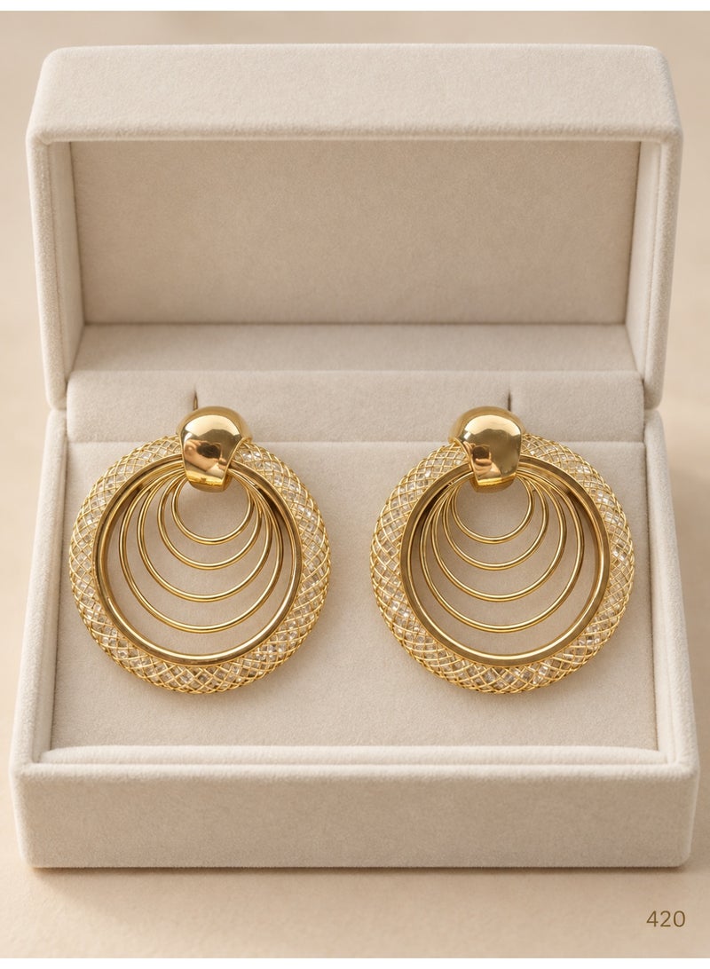 3Diamonds Dangle Earrings with Layered Circles, Gold Plated, Textured Edge - Image 3